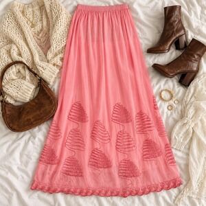 pink embroidered maxi skirt  70s pink embroidered maxi skirt
